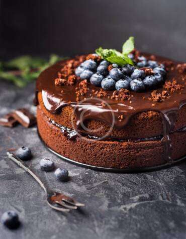 Heavenly delicious chocolate sponge cake with fresh blueberries